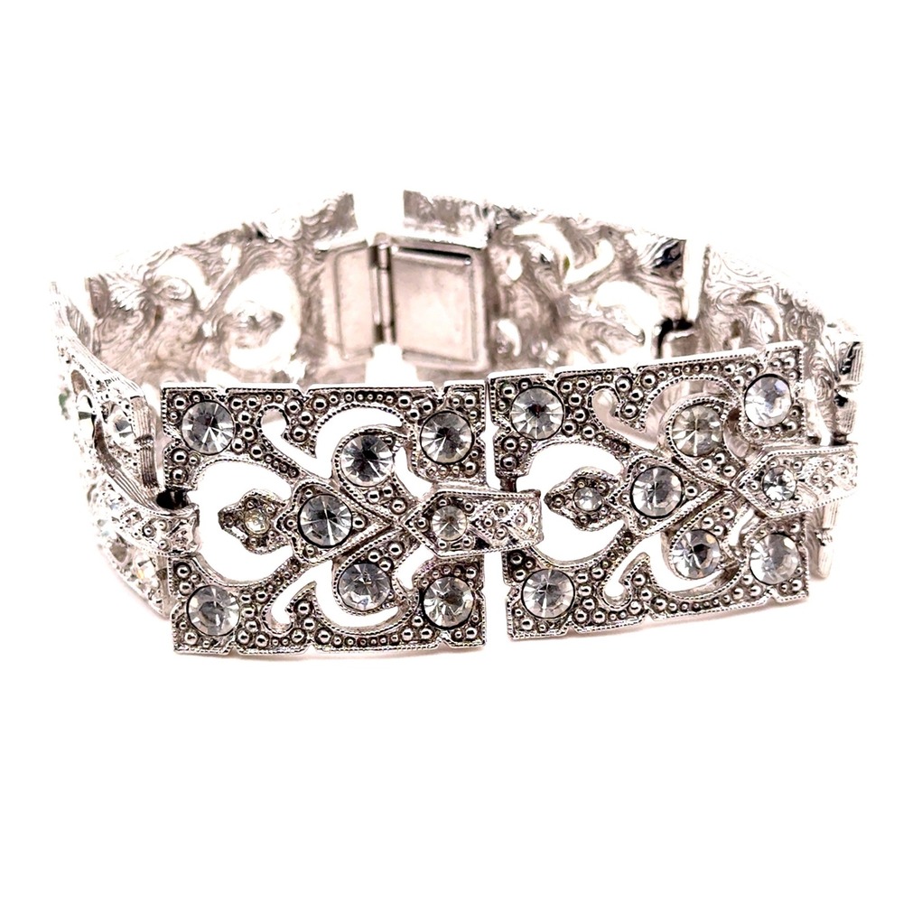 Vintage Art Deco Style Silver Tone Rhinestone Filigree Panel Link Bracelet 7.5in